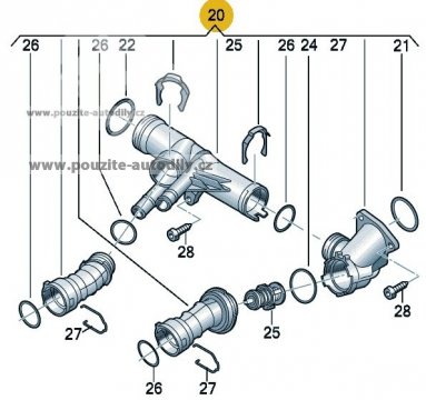 Skříň regulátoru chladící vody, termostat VW 04L121026J