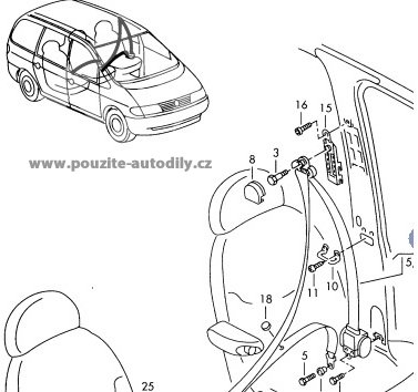 Bezpečnostní pás vzadu vpravo 7M0857812E, originál VW Sharan