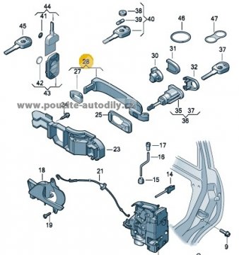 Klika dveří vnější 7H0837205D + podložka 7H0837209, VW Caddy, T5