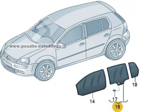 Sklo dveří 1K6845025B vlevo vzadu zelené Golf V 5-dv. hatch.