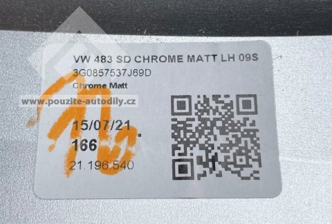 3G0857537J Kryt levého zpětného zrcátka, Chrome Matt, VW Arteon 3H, Passat B8 3G