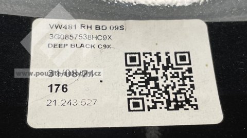 3G0857538H Kryt pravého zpětného zrcátka, Deep Black, VW Arteon 3H, Passat B8 3G