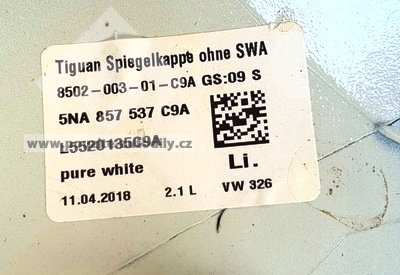 5NA857537 Kryt levého zpětného zrcátka, Pure White, VW Tiguan AD, BT