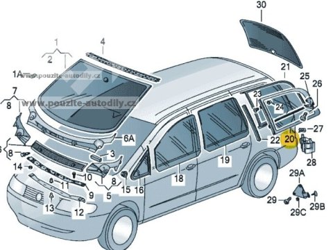 Boční sklo výklopné levé zelené VW Sharan 7M0845317Q